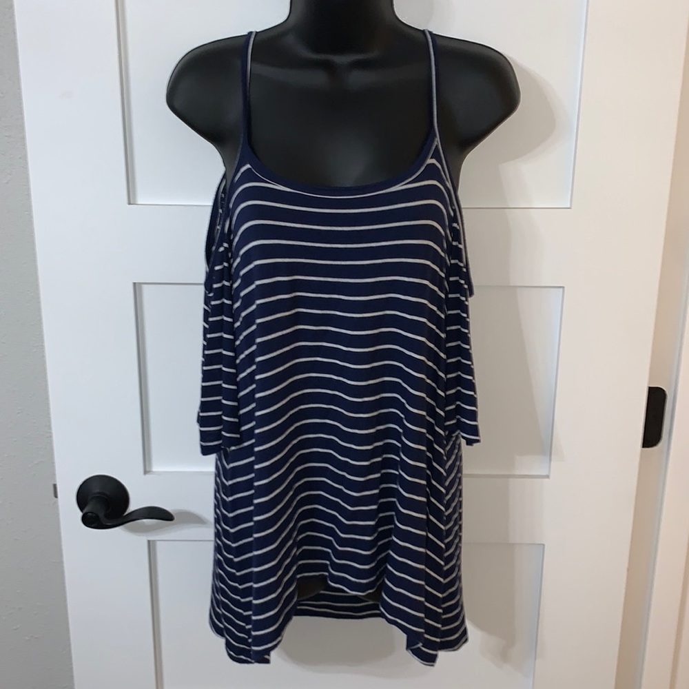 Moral Fiber Navy Striped Cold Shoulder Flowy Top Medium